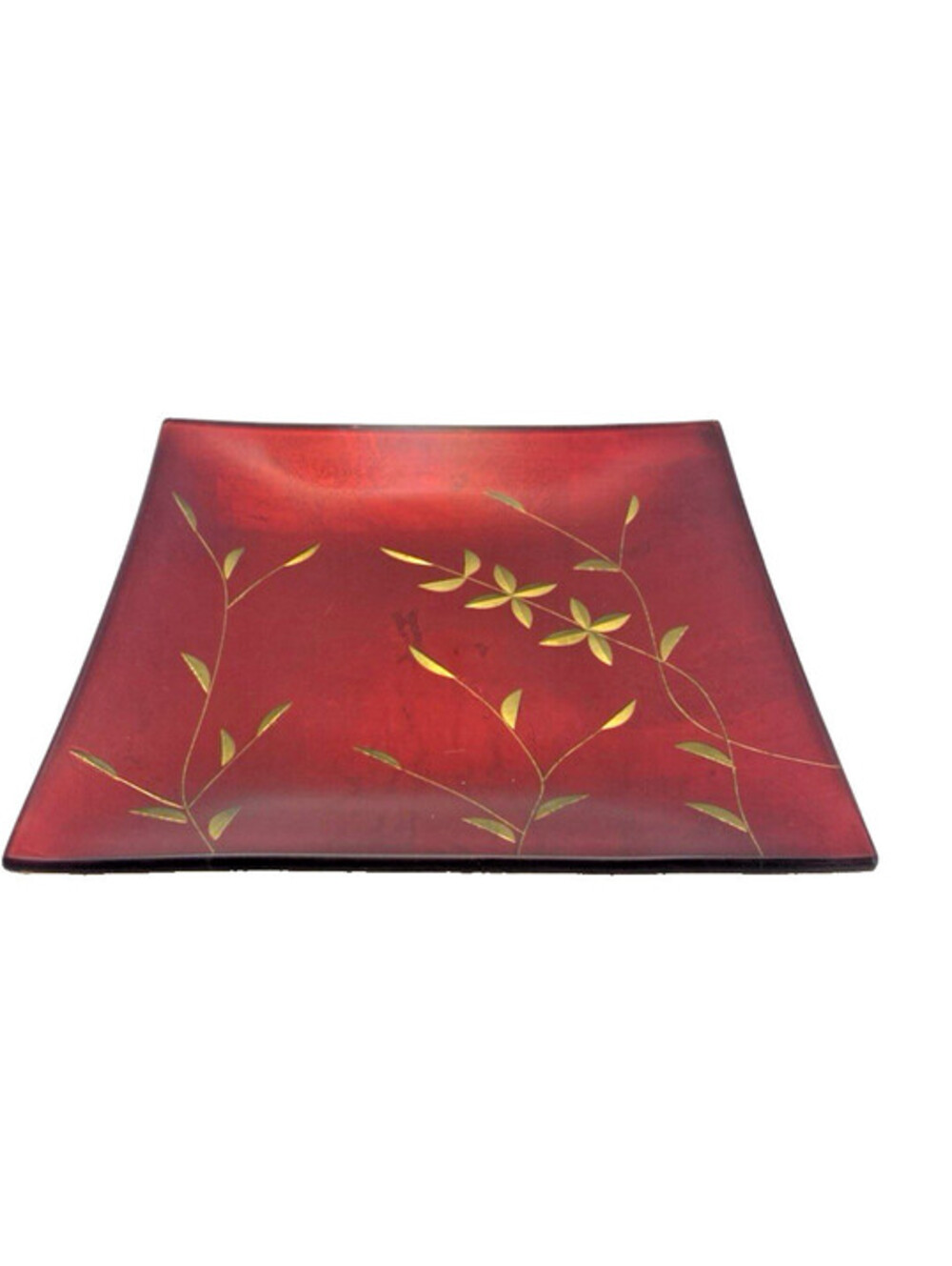 Vintage IMANI International Red Glass Decorative Plate with Gold Leaf Vine